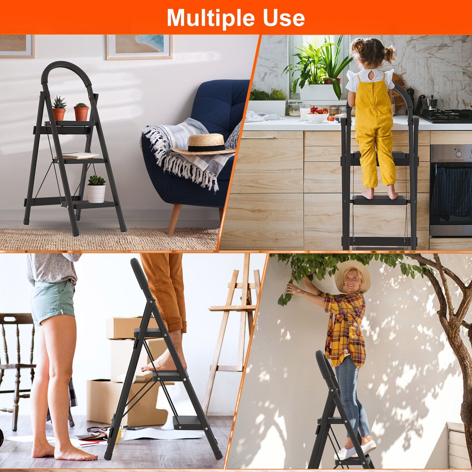 3 - Step Foldable Ladder With Wide Anti - Slip Pedal Safety Locking Design Soft Handgrip Portable Lightweight Folding Step Stool 330LBS Load Capacity for Household Kitchen OfficeDobaTRADE HUSTLE HQ"keywords":