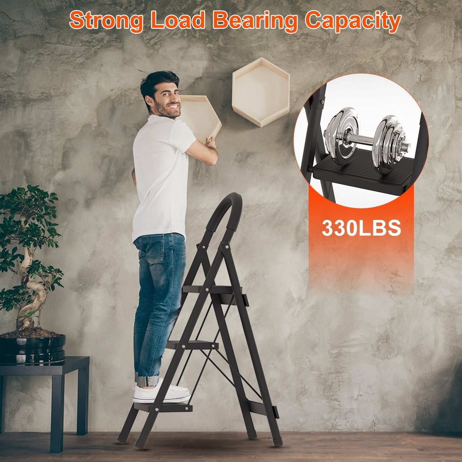 3 - Step Foldable Ladder With Wide Anti - Slip Pedal Safety Locking Design Soft Handgrip Portable Lightweight Folding Step Stool 330LBS Load Capacity for Household Kitchen OfficeDobaTRADE HUSTLE HQ"keywords":