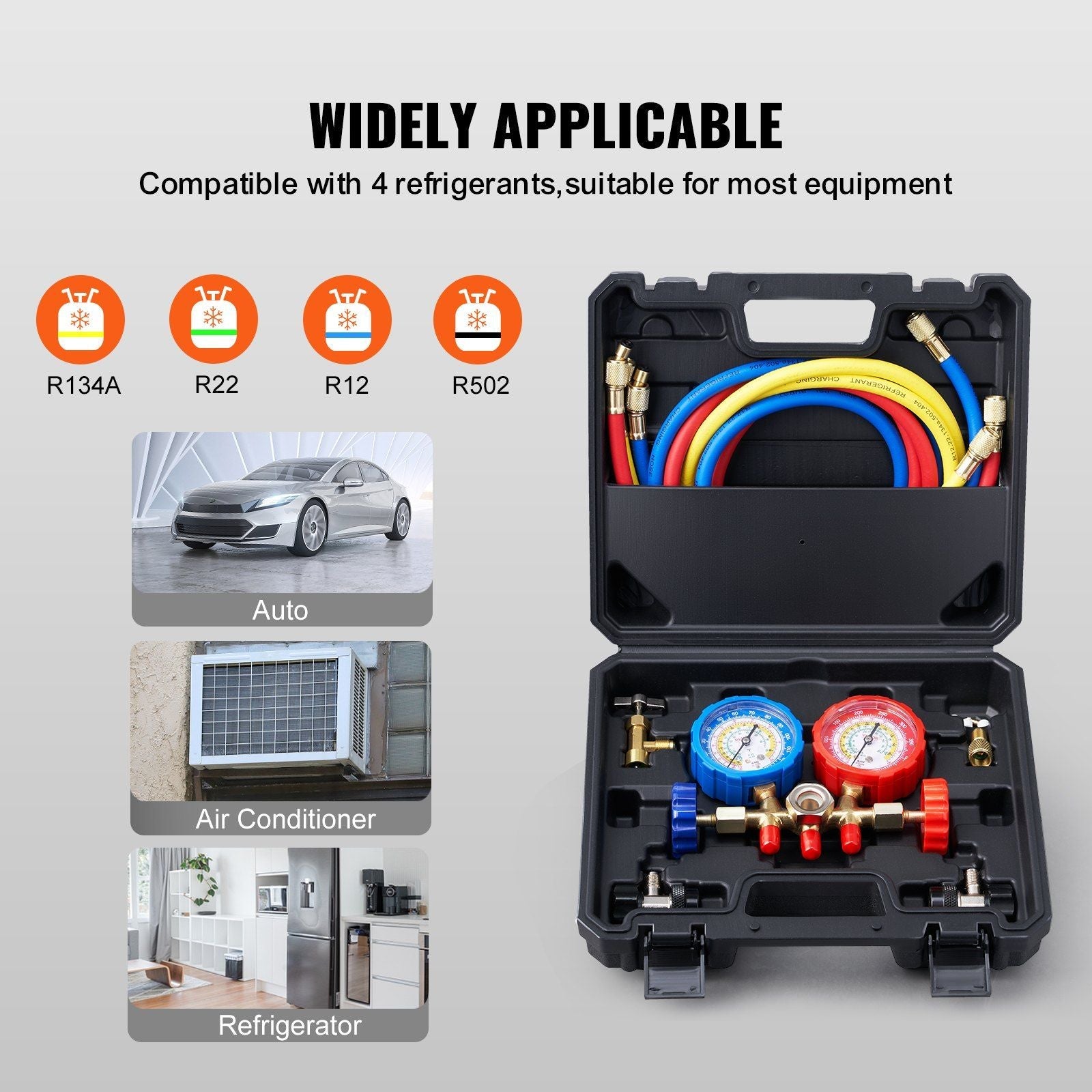 VEVOR AC Gauge Set – 3 Way Manifold for R134A R22 R12 R502 Refrigerant | HVAC Freon Charging Kit with 5ft Hoses & Can TapDobaTRADE HUSTLE HQ"keywords":840349903958